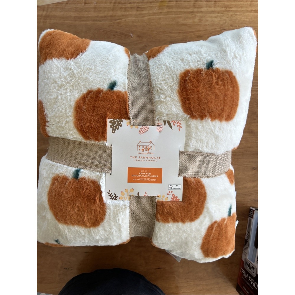 x2 Rachel‎ Ashwell Orange Pumpkin Faux Fur Throw Pillow Set Fall Decor 20" NEW